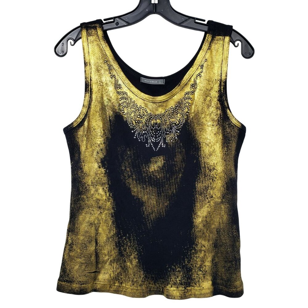 Nally & Millie Y2K Gold Painted Black Ribbed Tank Top Embellished Bling